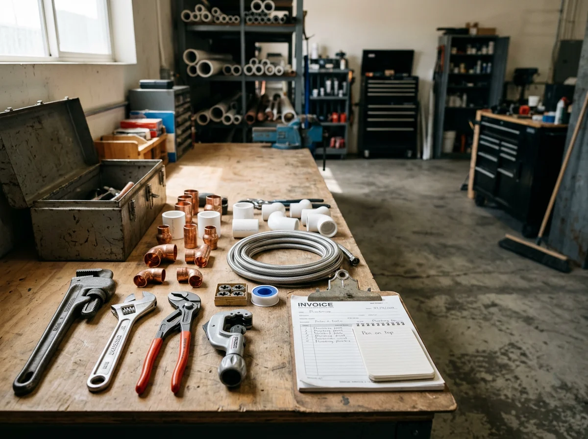 Plumbing tools and equipment arranged on a work surface, representing the trade expertise and service readiness of a professional plumbing operation.