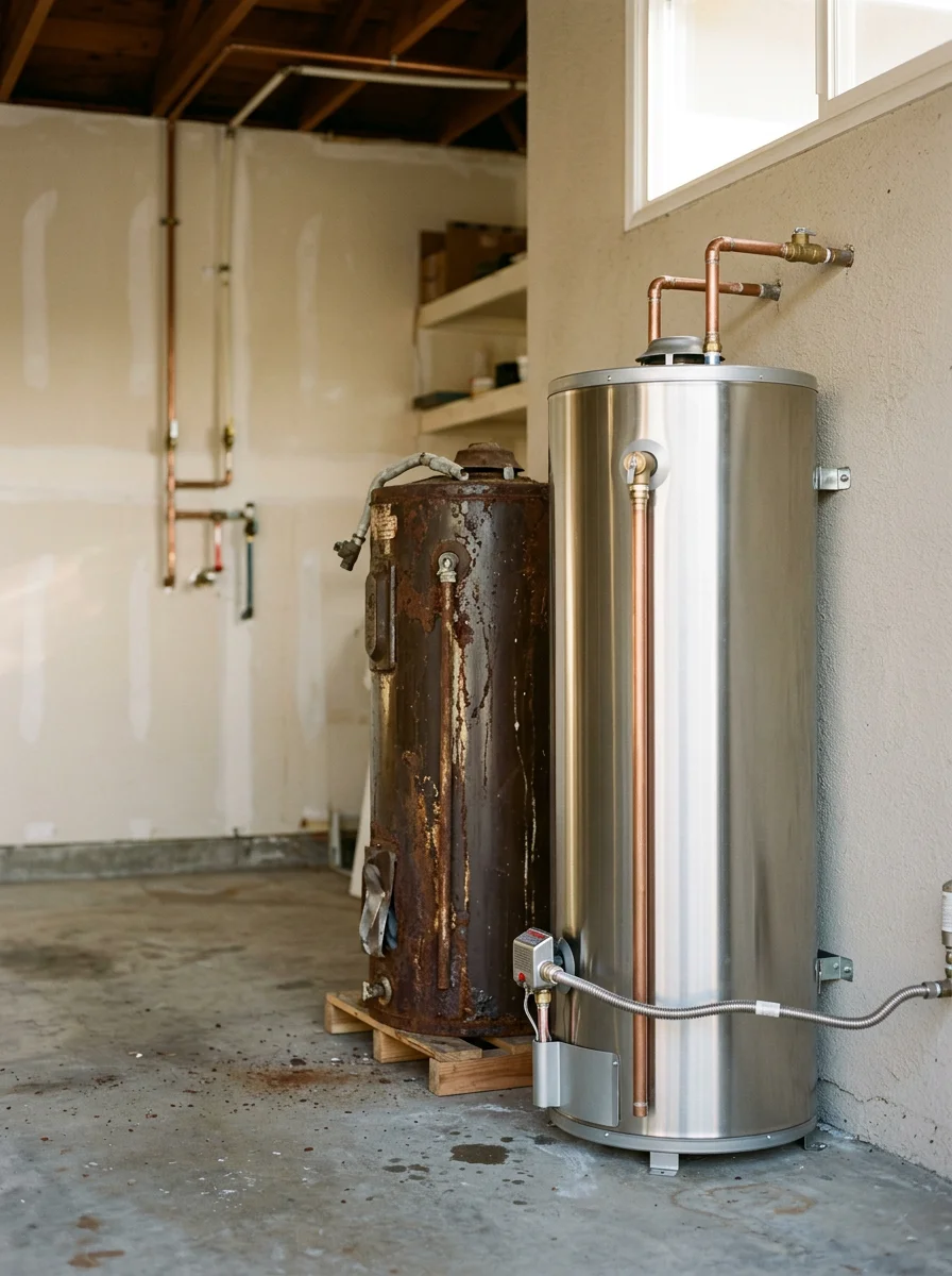 A new water heater being installed in an Arcadia home garage, with the old corroded tank unit staged for removal beside it.