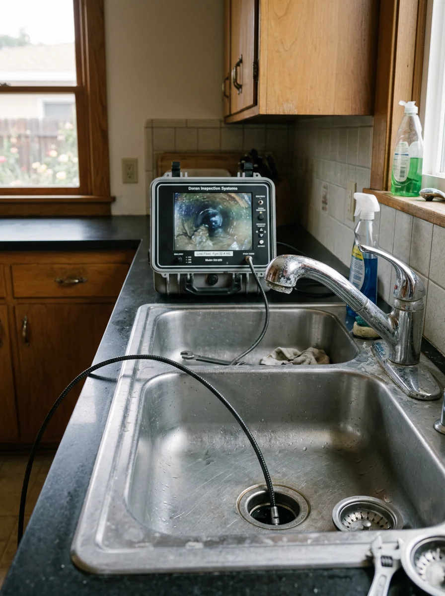 Plumbing Buddies technician performing video drain inspection in Azusa kitchen with hard water scale visible on fixtures