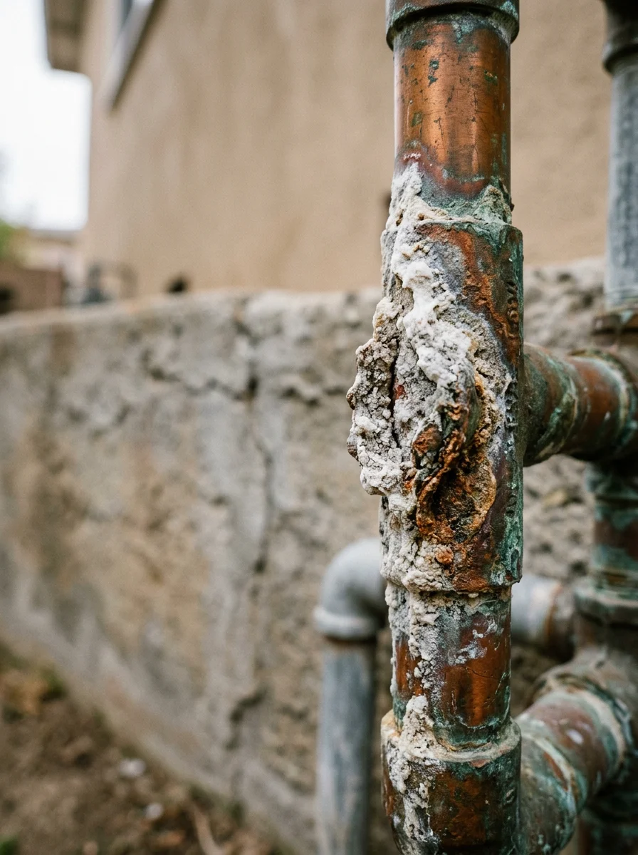 Close-up of corroded copper pipe and mineral deposits from hard water in Baldwin Park plumbing system