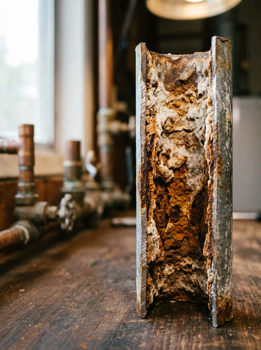 Close-up of corroded galvanized pipe showing mineral buildup and interior corrosion damage