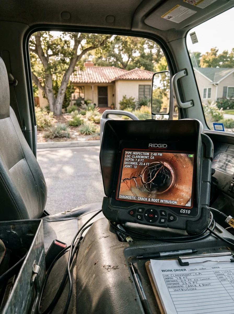A sewer camera inspection monitor showing a cracked clay lateral from a mid-century Claremont property, with visible root intrusion at a joint separation.