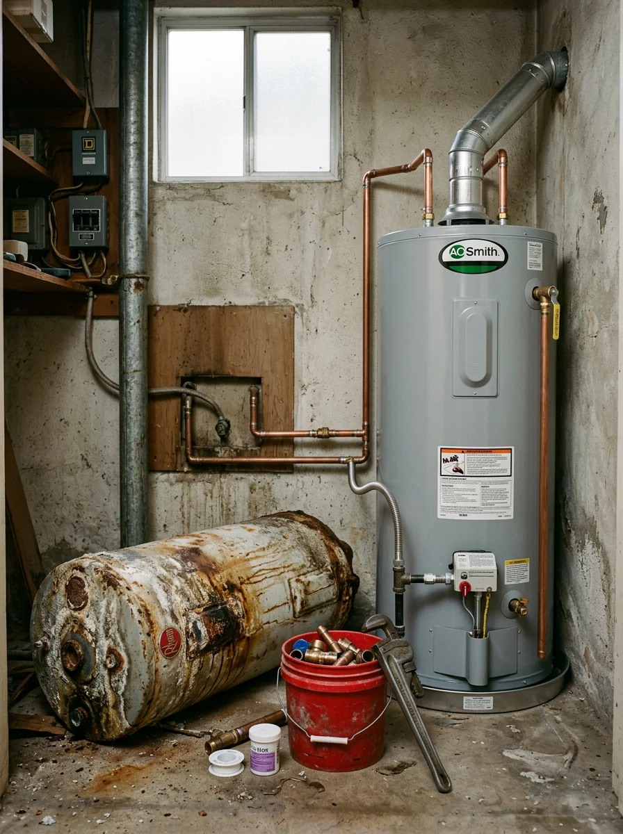 A new tank water heater being installed in a Covina mid-century home utility closet, with the old corroded unit removed and staged beside it.