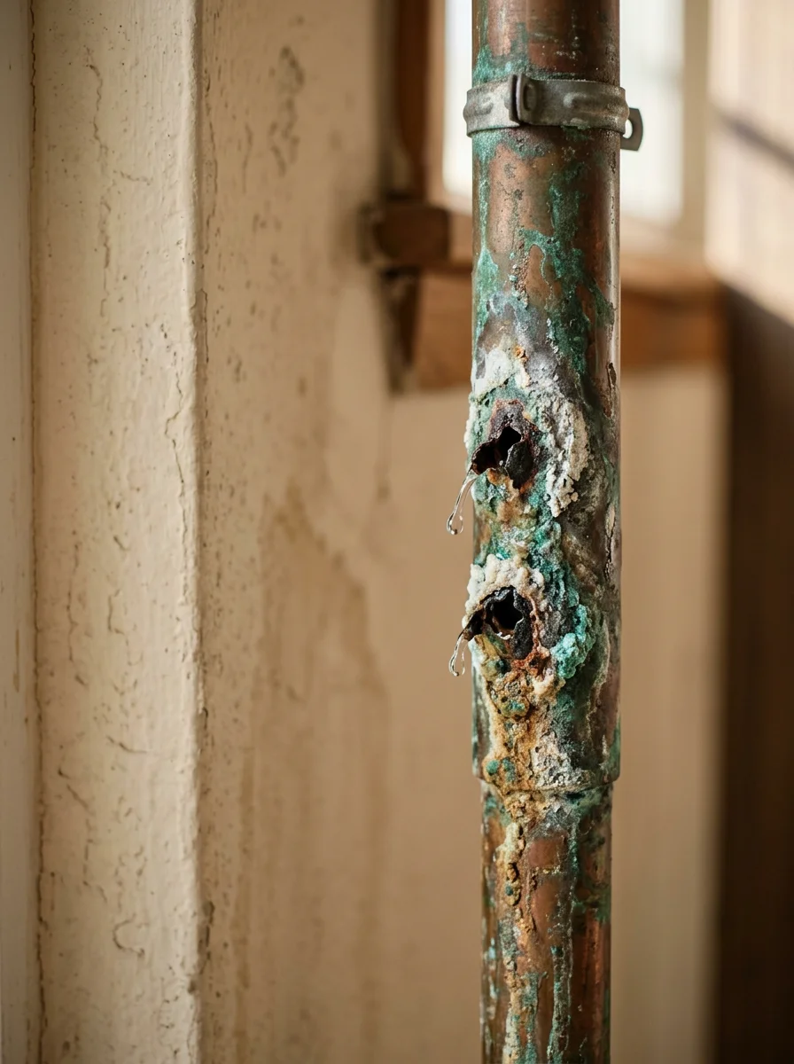 Close-up of corroded copper pipe showing pinhole leak damage from hard water
