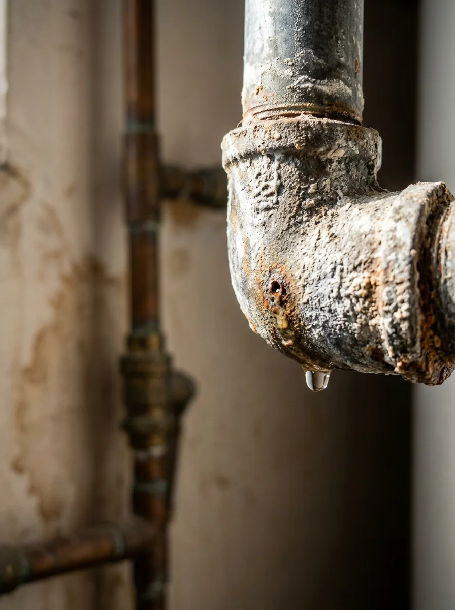 Close-up of corroded galvanized water pipe showing mineral deposits and pinhole leak damage common in Duarte's aging plumbing systems