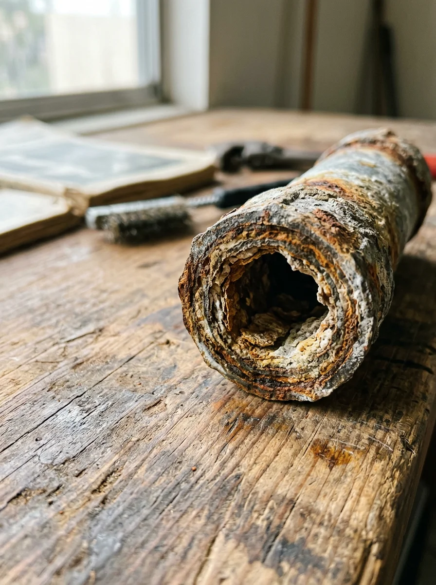 Close-up of a corroded galvanized pipe section removed from a mid-century Glendora home, showing heavy internal rust and mineral buildup.