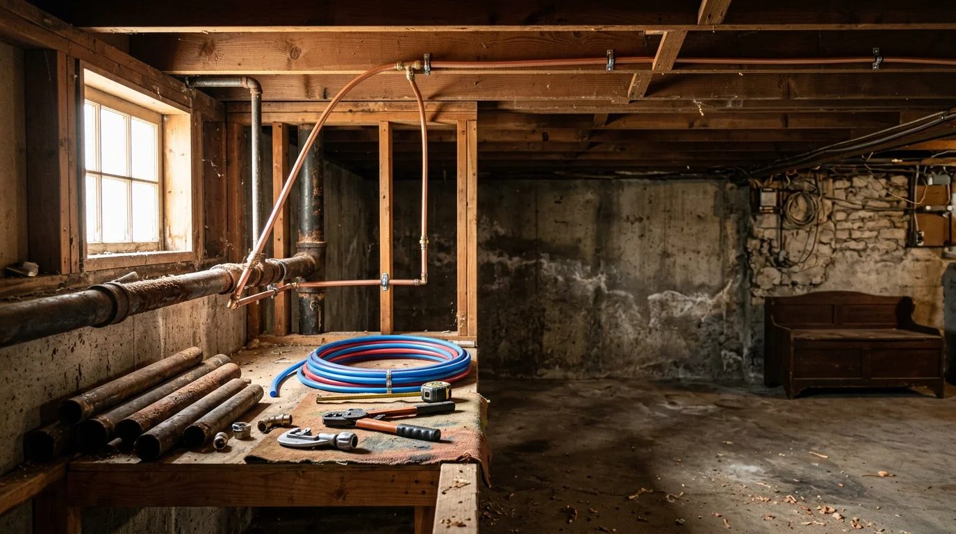 A plumber replacing corroded galvanized supply pipes inside a 1950s single-family home in Glendora, CA, with copper PEX tubing staged nearby.