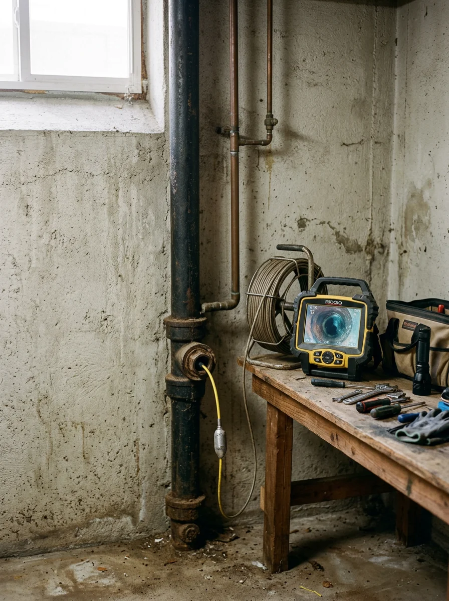 Plumber performing camera inspection on cast-iron drain line in La Verne