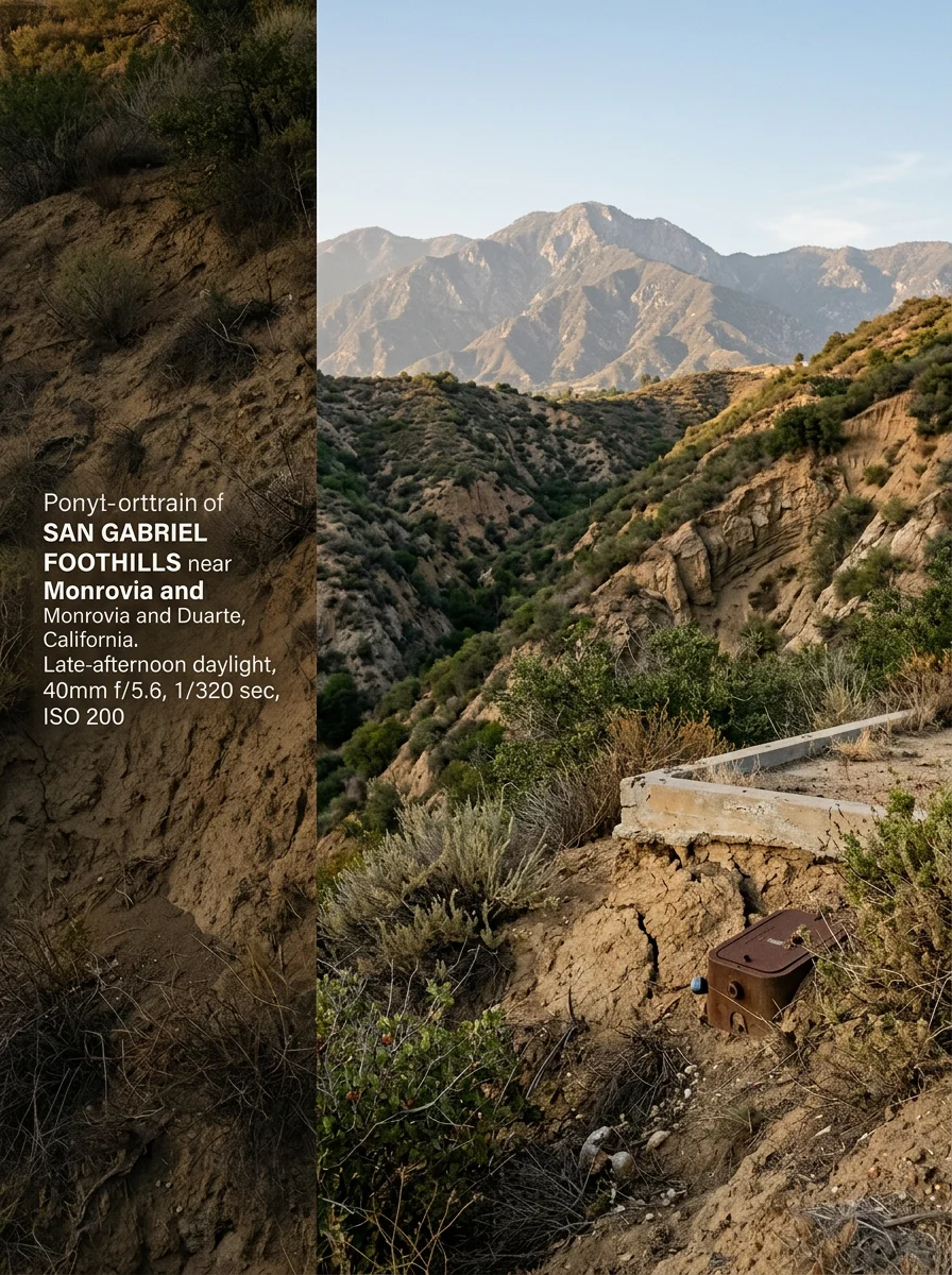 Foothills landscape near Monrovia showing clay soil terrain and San Gabriel Mountain backdrop where slab leaks and soil movement affect plumbing