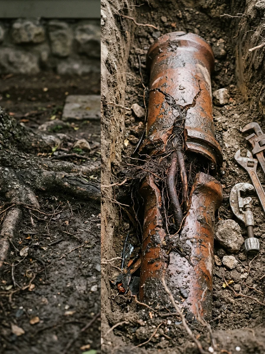 Excavated clay sewer pipe section from a Pasadena Craftsman-era home showing root intrusion and cracked pipe wall at a joint separation.