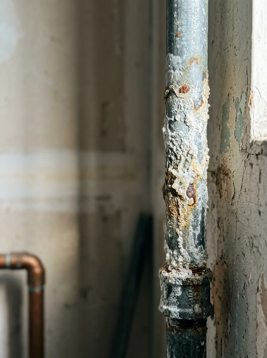 Close-up of corroded galvanized pipe with mineral scale buildup from hard water
