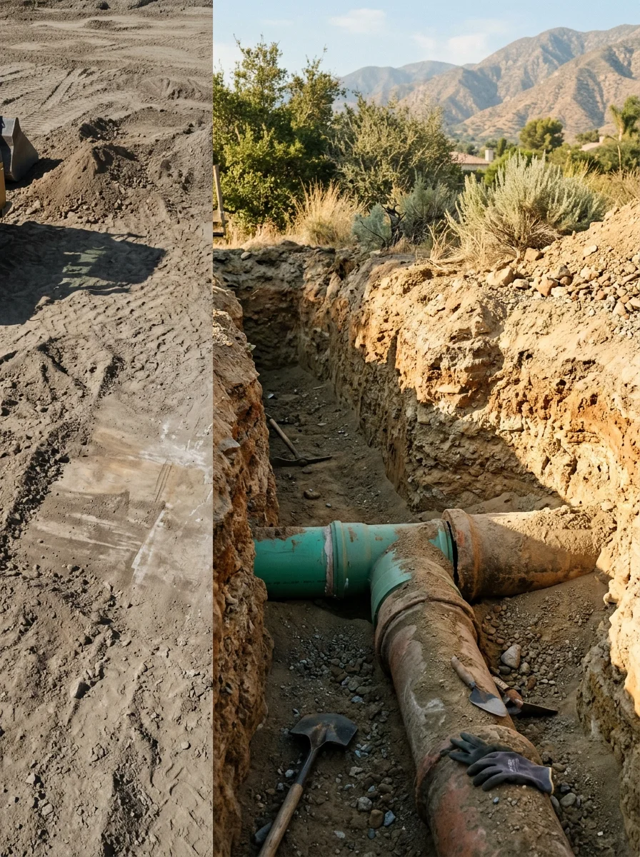 Excavated sewer pipe section from a Rancho Cucamonga valley-floor property showing joint offset and sediment accumulation from alluvial soil movement.