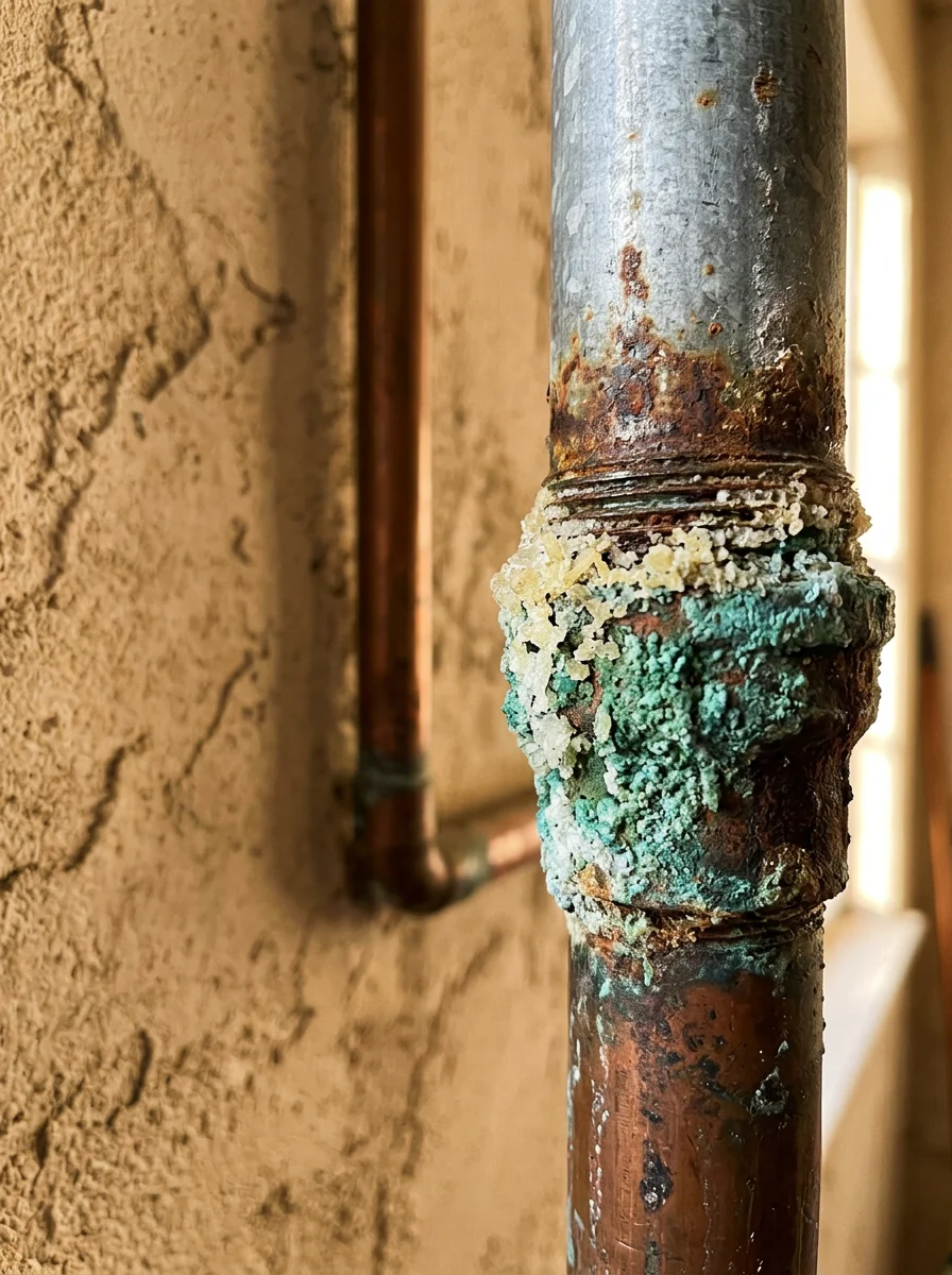 Close-up of a corroded galvanized pipe transition joint removed from a San Dimas mid-century home, showing the point of failure where galvanized meets copper.
