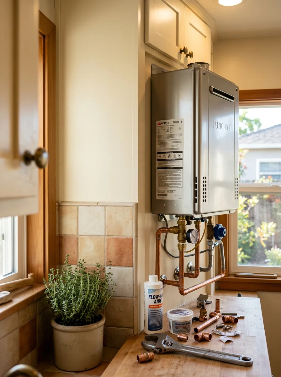 Water heater installation in San Gabriel kitchen, addressing hard water scale and mineral buildup