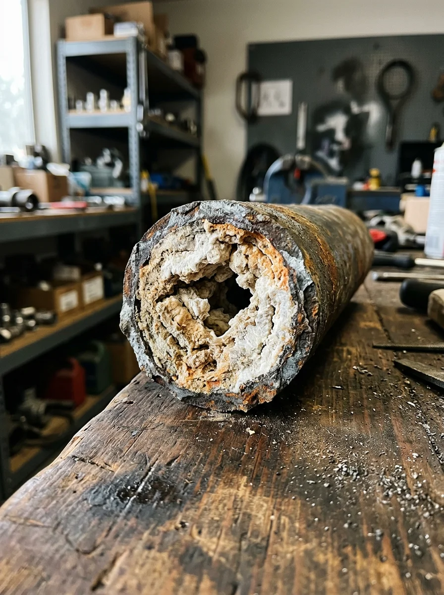 Corroded galvanized pipe cross-section showing mineral scale buildup from hard water