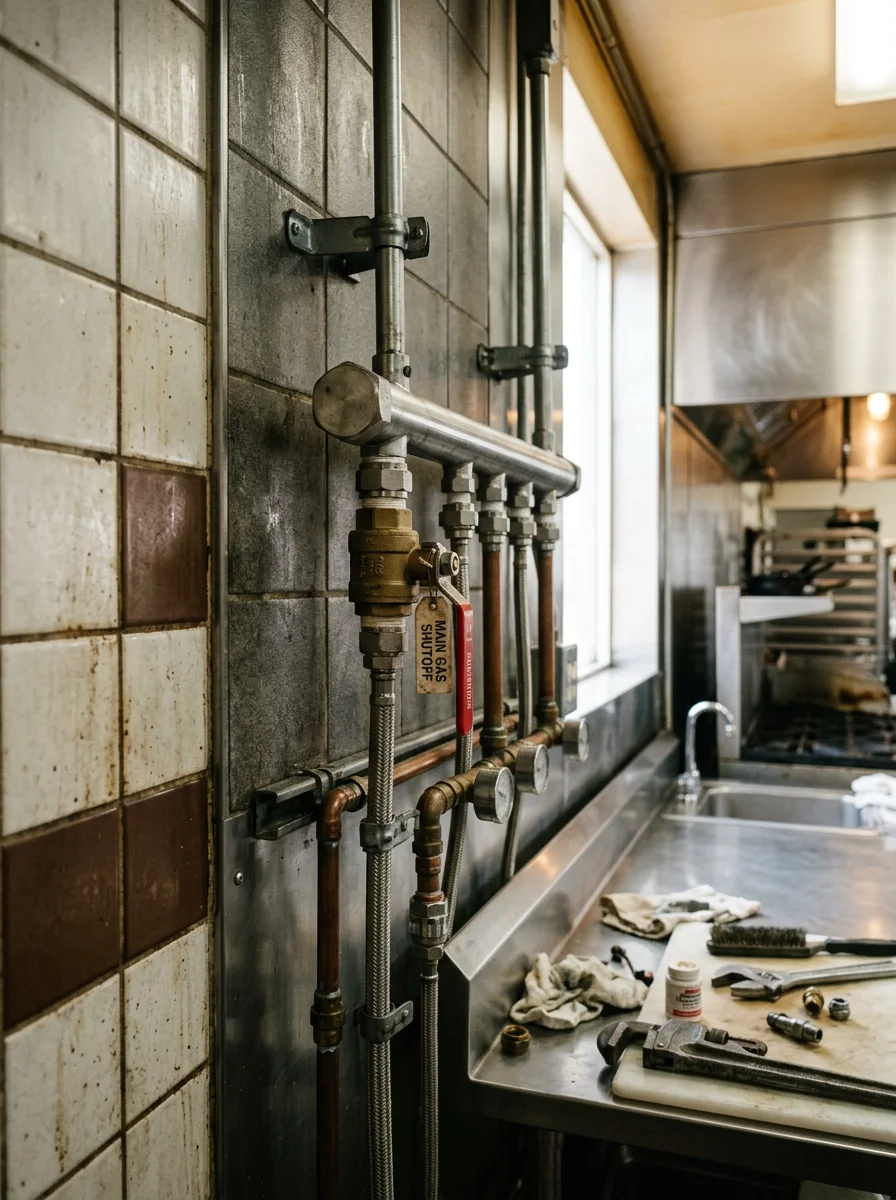 A gas line repair in progress at a commercial kitchen in West Covina, CA, with the plumber checking connections at the shutoff and supply manifold.