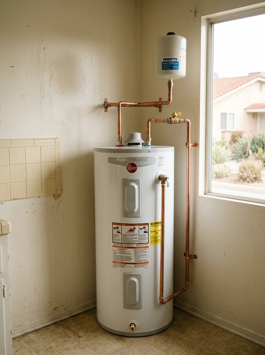 Plumber installing water heater in West Puente Valley residential kitchen