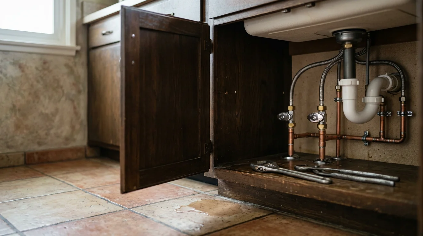 A plumber inspecting and repairing a bathroom fixture inside an older single-family home in Glendora, California. The work area shows exposed supply lines and standard residential plumbing components typical of mid-century San Gabriel Valley construction.