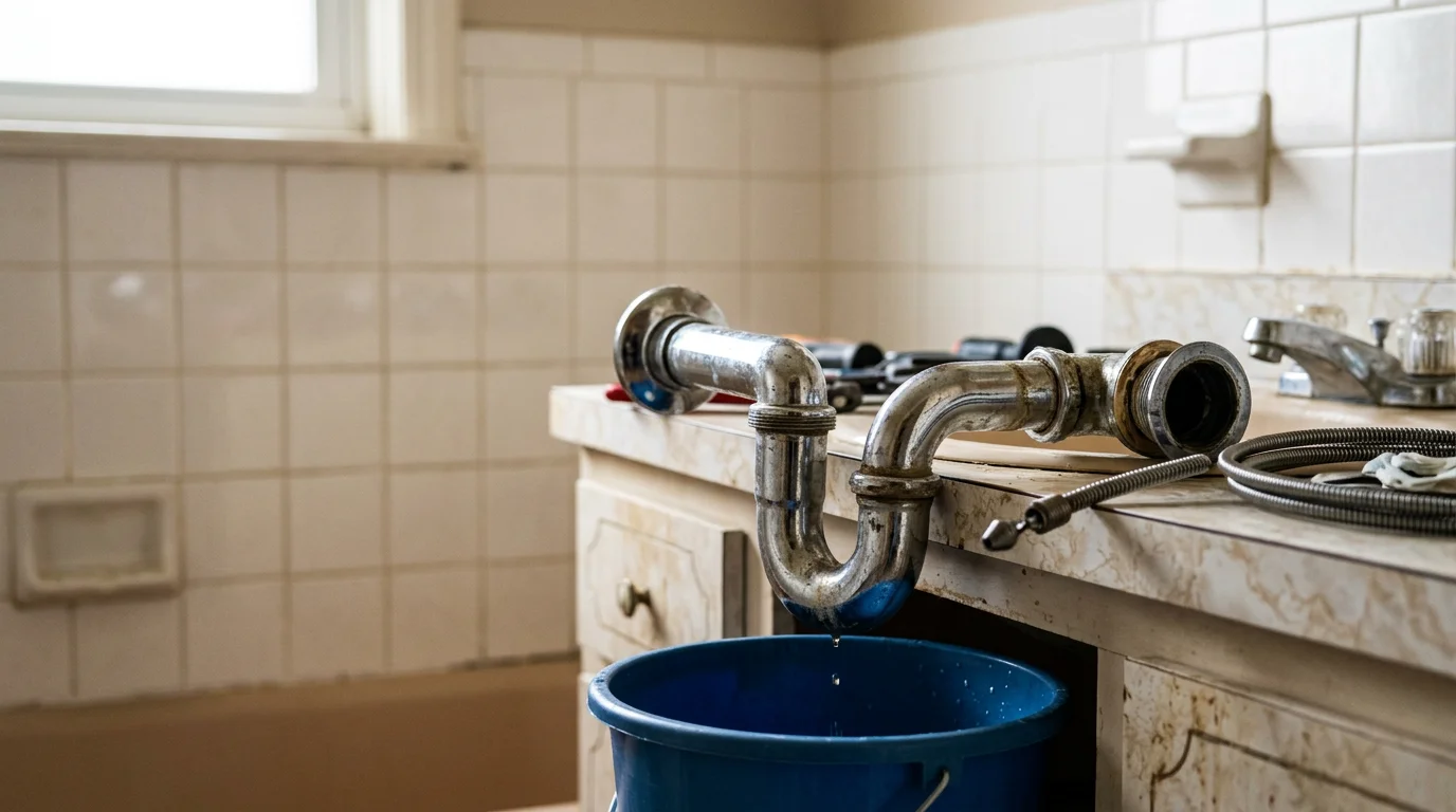 A plumber clearing a slow bathroom shower drain in a Glendora home, with professional drain tools visible on the tile floor beside the open drain. The image shows a hands-on service call in a residential bathroom typical of the older foothill communities in the San Gabriel Valley.