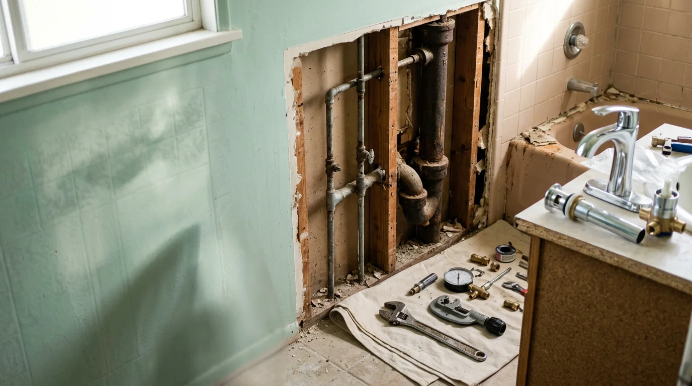 A completed bathroom replacement in a Glendora home showing new toilet, vanity, and shower fixtures with updated supply and drain connections. A Plumbing Buddies plumber inspects the finished plumbing connections beneath the vanity.