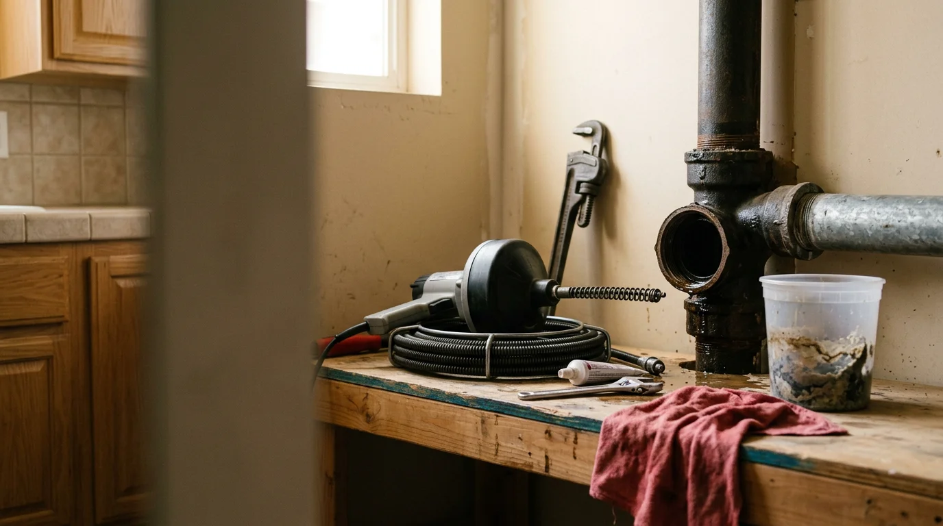 A plumber clearing a blocked drain inside a Glendora home, with drain access open and professional clearing equipment in use. The setting shows a residential bathroom typical of older San Gabriel Valley properties.