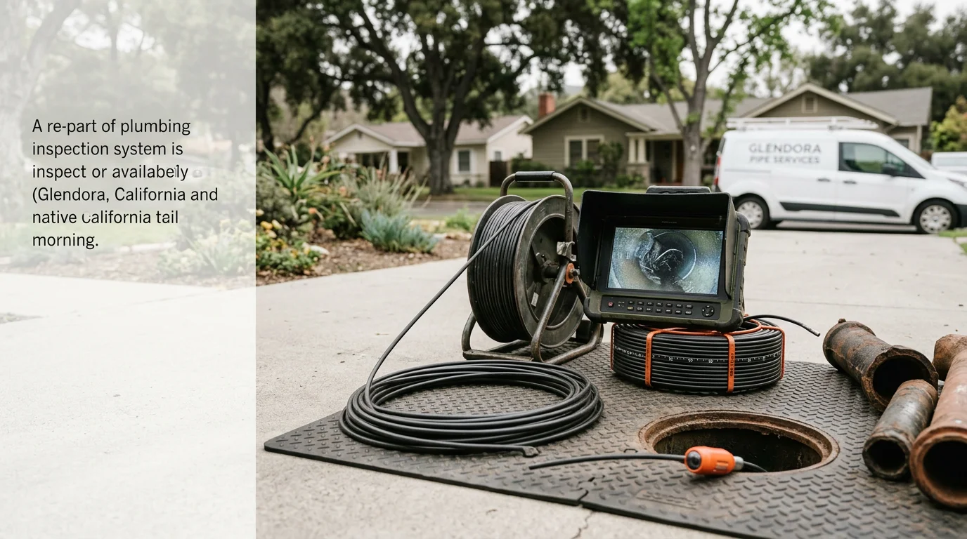 A plumber feeds a flexible camera line into a residential sewer cleanout access point in a Glendora backyard. The connected monitor displays a live view of the interior of an older clay pipe showing root intrusion near a joint.