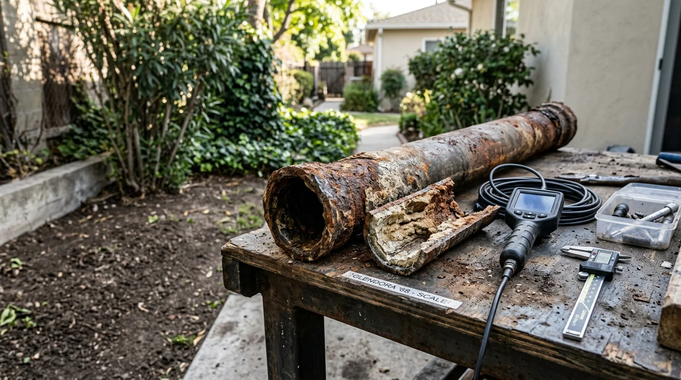 A corroded cast iron drain pipe with visible interior scale buildup removed from a Glendora home during a pipe replacement service. A plumber inspects the damaged section before installing a modern replacement line.