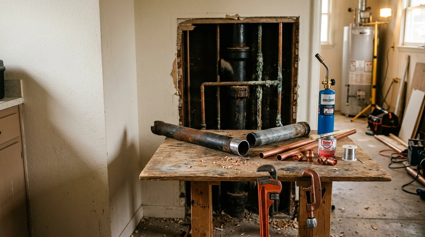 A plumber inspecting residential supply lines beneath a sink in a Glendora home, with commercial pipe fittings and tools visible nearby. The setting reflects the mix of older residential and active commercial plumbing work served across the San Gabriel Valley.
