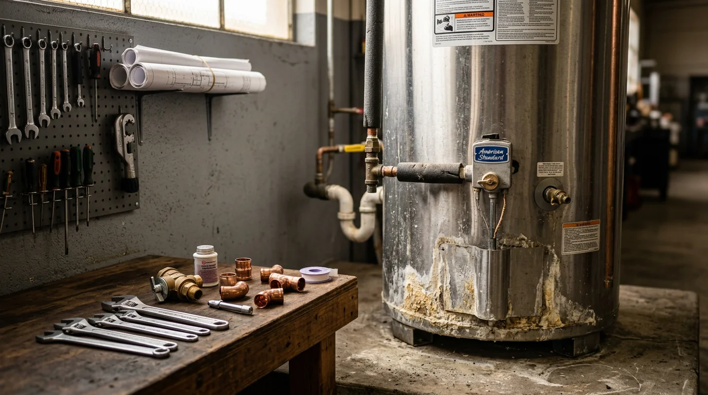 A large commercial water heater unit installed in a utility room of a Glendora business, with copper supply lines and a pressure relief valve visible. A plumber inspects the connections during a routine service call.