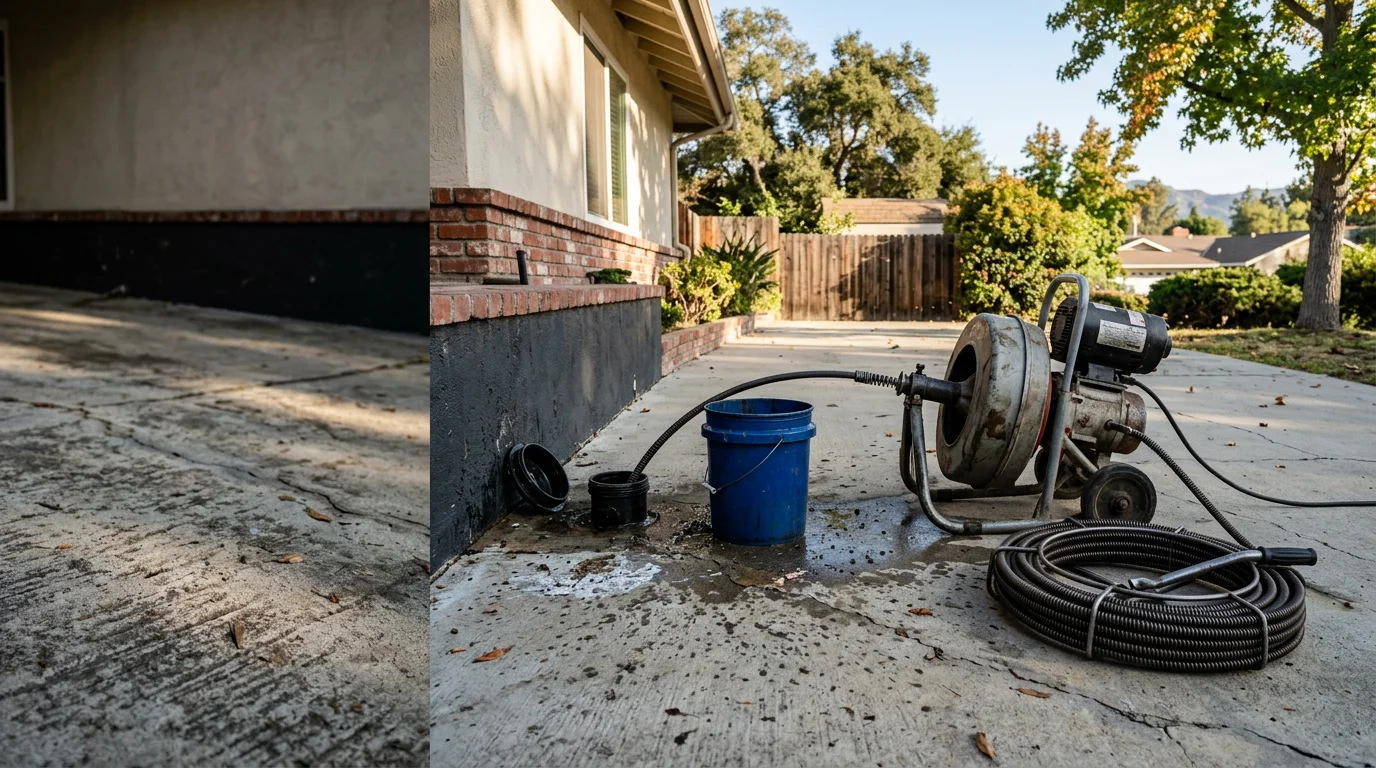 A Plumbing Buddies plumber clearing a clogged drain line beneath a kitchen sink in a Glendora home. The technician uses a professional drain cable on an older cast iron pipe under the cabinet.