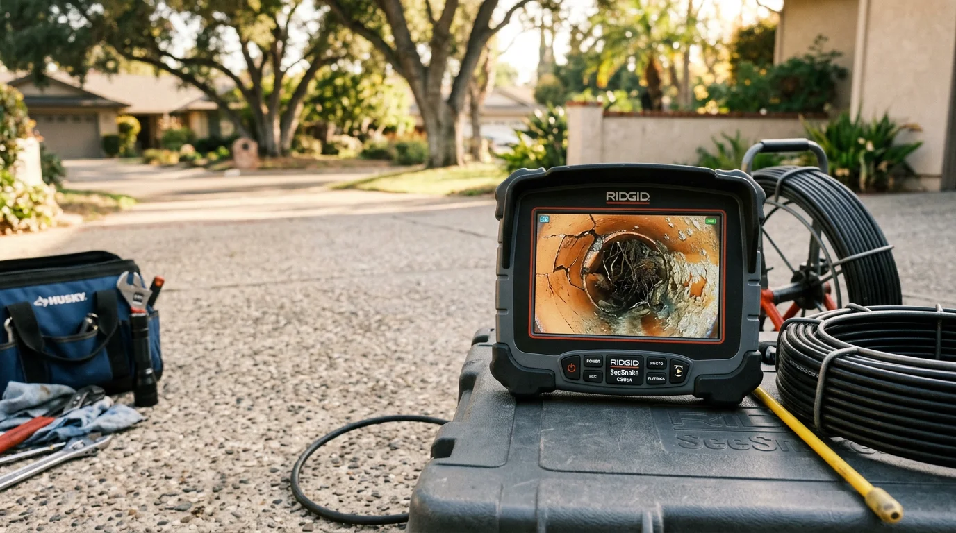 A plumber feeding a drain inspection camera into a residential cleanout access point in Glendora, California. The monitor beside the pipe shows live footage of the interior drain line condition.