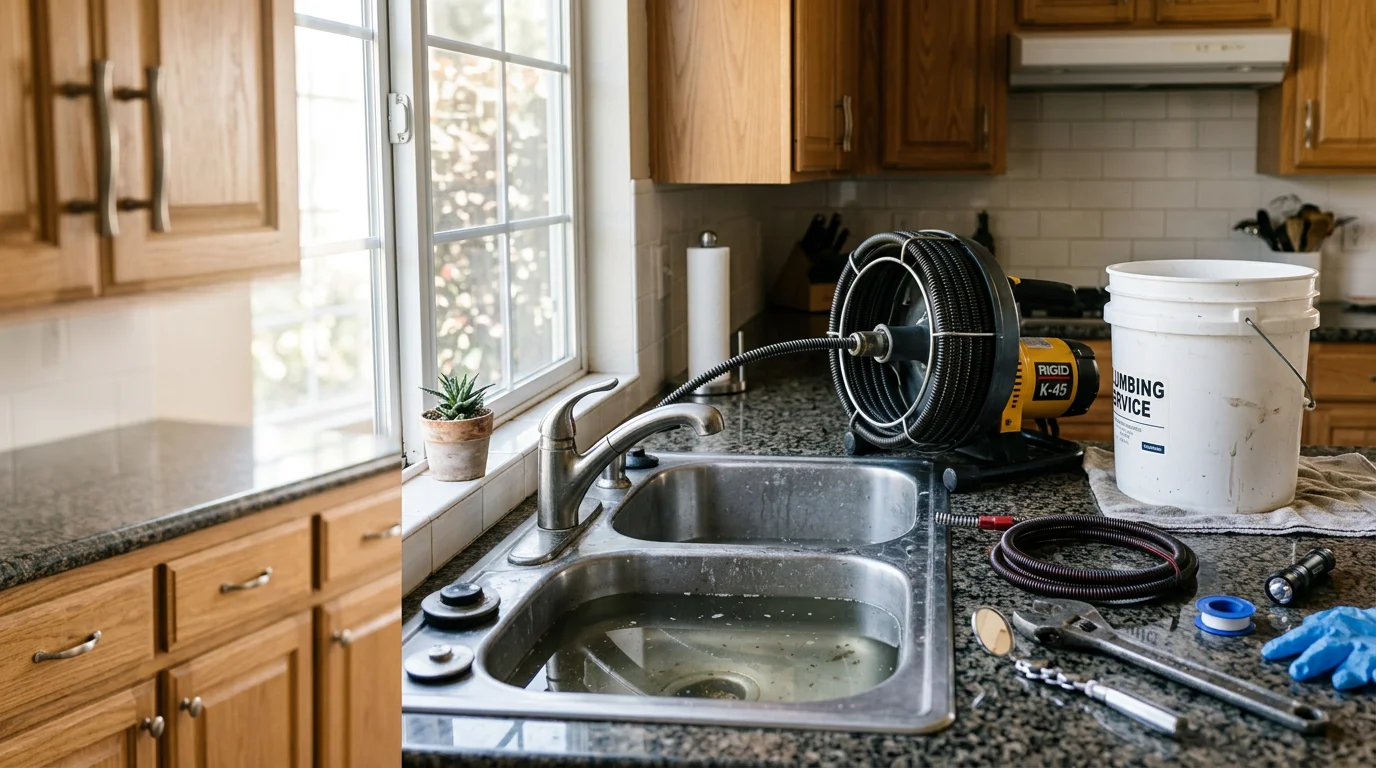 A plumber inspecting a residential drain cleanout in a Glendora backyard, with a camera inspection tool ready to diagnose a blocked sewer line. Mature trees and a mid-century home exterior are visible in the background.