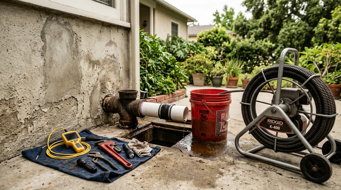 A plumber repairing a cracked residential drain pipe beneath a Glendora home, with aged clay pipe sections visible at the repair site. The work area shows a clean access point in a typical San Gabriel Valley foothill neighborhood property.