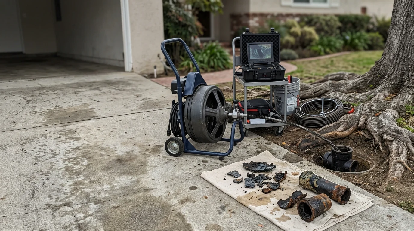 A plumber inspecting a residential drain cleanout at a mid-century home in Glendora, California. The image shows a main drain line access point in a concrete slab yard with mature trees visible in the background.