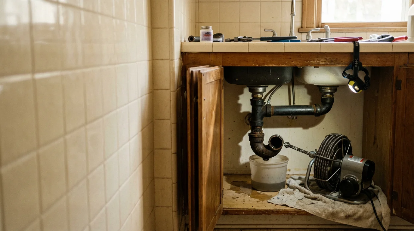 A plumber clearing a clogged drain line beneath a kitchen sink in a Glendora home. The pipe access panel is open and the drain trap is visible, showing debris removal in progress.