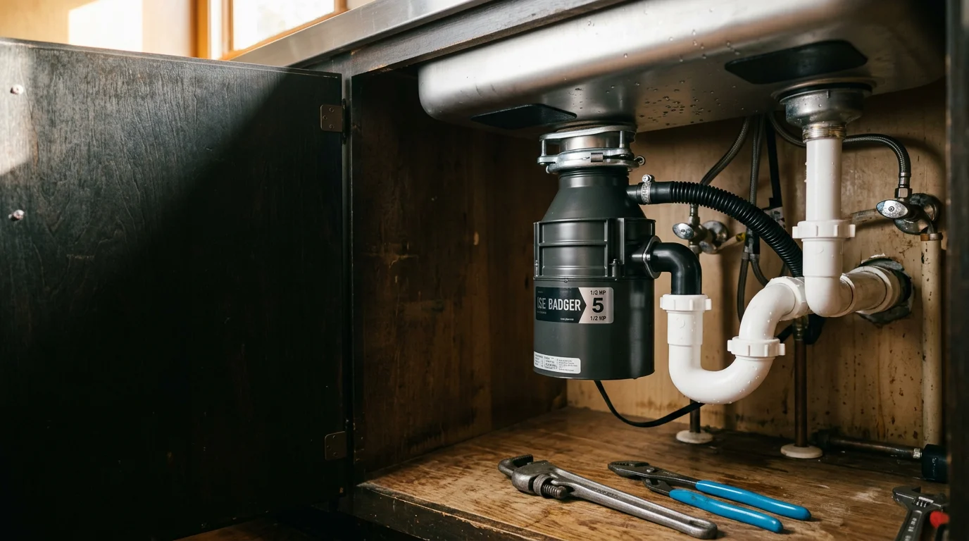 A plumber installing a new garbage disposal unit under a kitchen sink in a Glendora home, with drain lines and mounting hardware visible. The under-sink cabinet is open and the work area is clear.