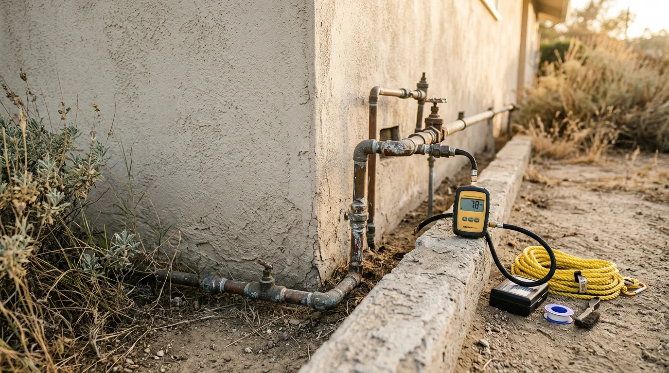 A plumber inspecting a residential gas line connection beneath a kitchen appliance in a Glendora home. The technician uses a pressure gauge to test the line for leaks.