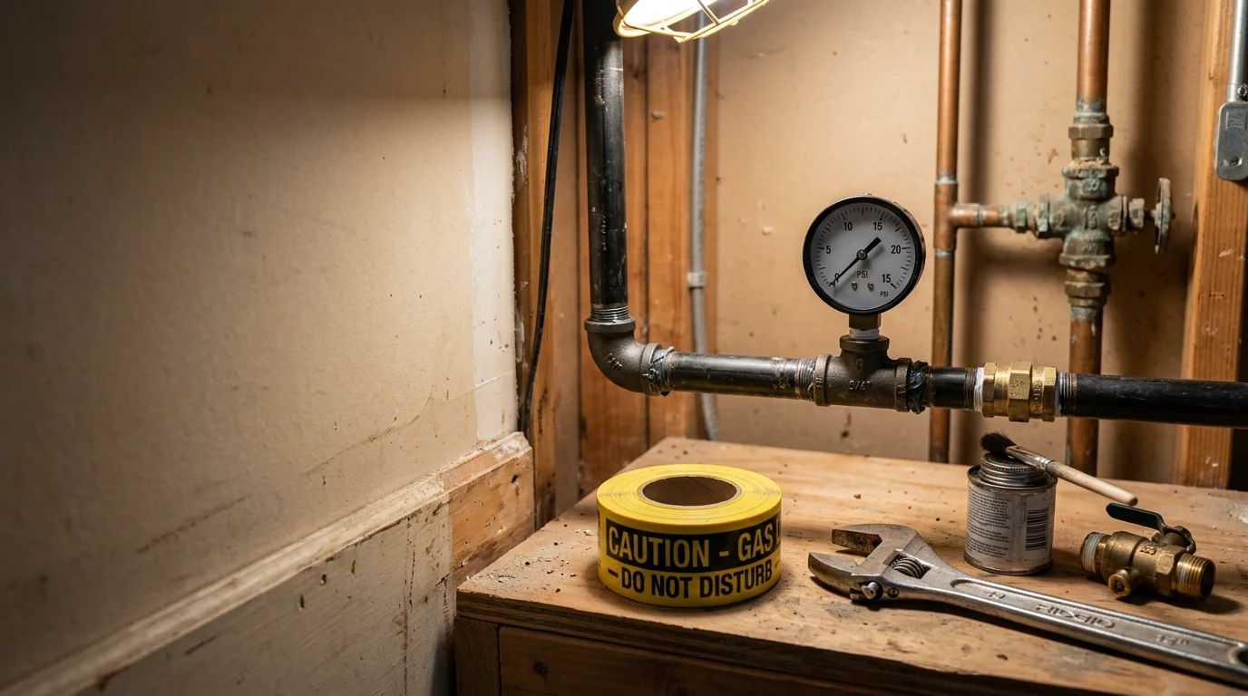 A plumber inspecting a residential gas line connection at a water heater inside a Glendora home. The image shows exposed black iron pipe fittings and a pressure gauge used to test the line after repair.