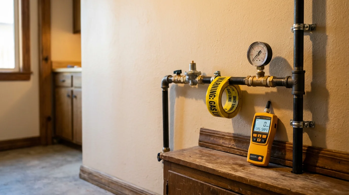 A plumber inspecting and repairing a residential gas line connection beneath a kitchen range in a Glendora home. Close-up view of black iron pipe fittings and a shutoff valve during a gas repair service call.