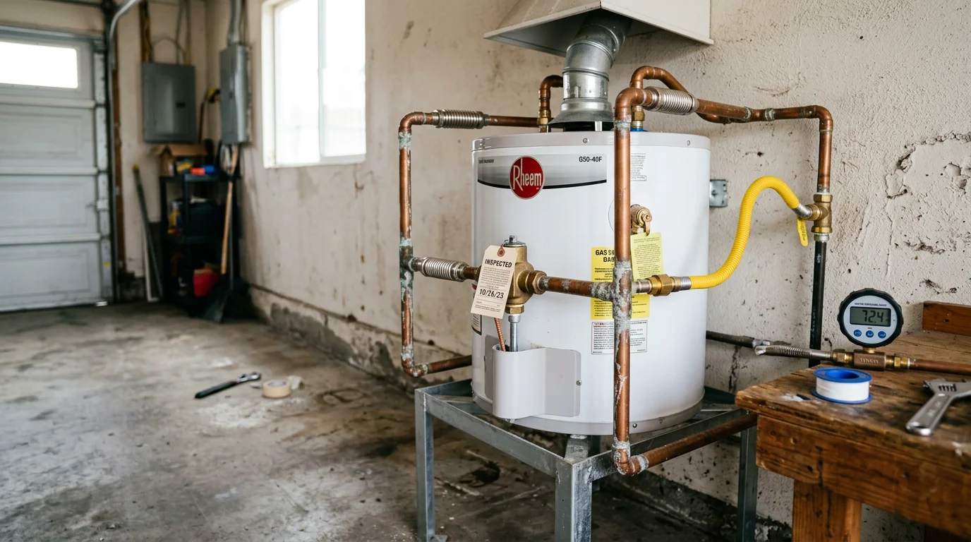 A plumber inspecting a gas water heater in a residential utility closet in Glendora, California, checking the gas line connection and pressure relief valve. The tank is secured against the wall in a typical San Gabriel Valley home.