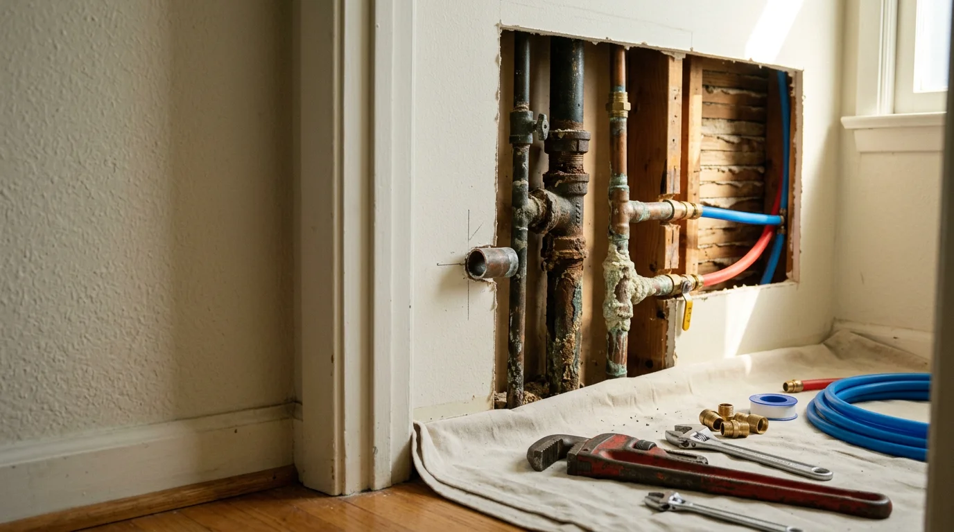 A plumber inspecting residential supply pipes beneath a kitchen sink in a Glendora home. Corroded galvanized pipe sections are visible alongside newer copper fittings during a home plumbing repair.