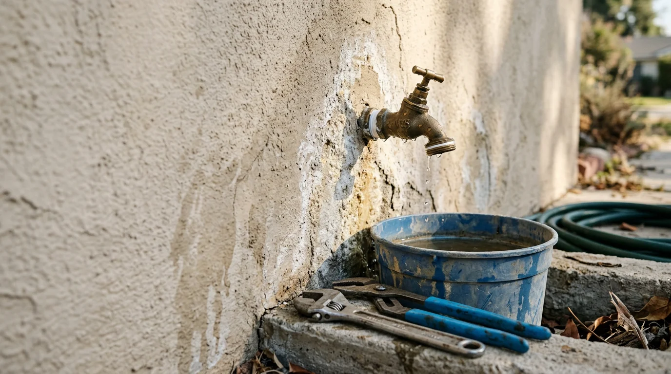A plumber replacing a corroded outdoor hose bib on the exterior wall of a single-family home in Glendora, California. The fitting is mounted on a stucco wall with a garden hose connection point visible.