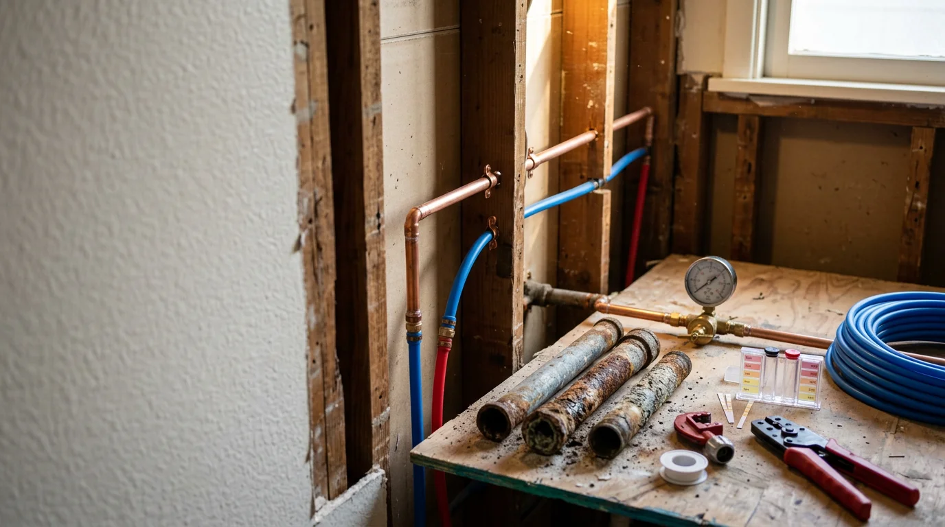 A plumber replacing corroded galvanized supply lines inside the wall of an older Glendora home during a full house repipe. New piping runs through an open wall cavity with original pipe sections removed and set aside.