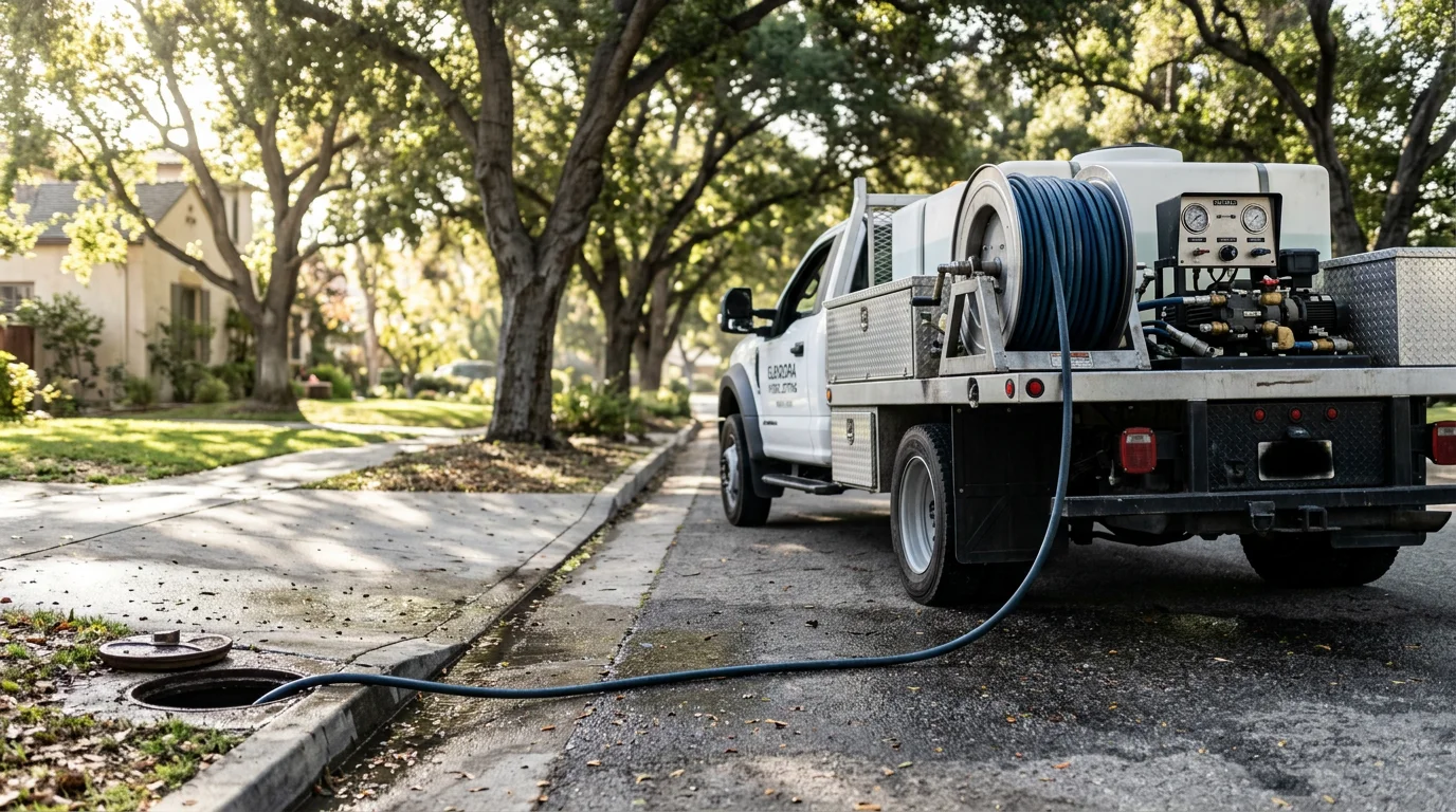 A plumber inserting a hydro jetting hose into a residential cleanout access point in a Glendora backyard. High-pressure water clears grease and root buildup from an aging sewer lateral.