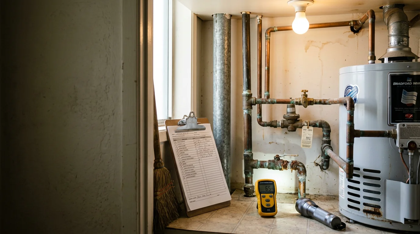 A plumber inspecting visible pipes and shut-off valves beneath a kitchen sink in an older Glendora home. The image shows a close-up of corroded supply lines being assessed during a residential plumbing initial inspection.