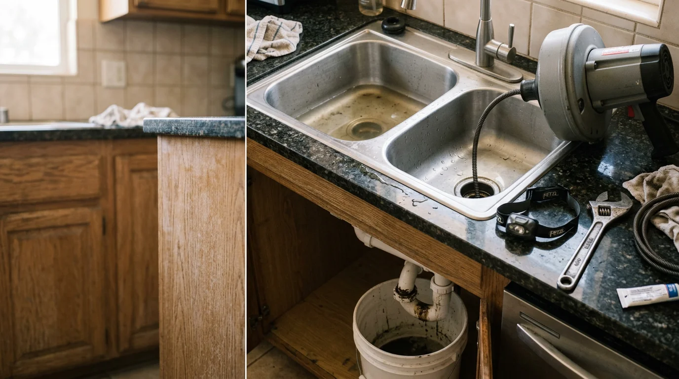 A plumber clearing a kitchen sink drain under a residential sink in Glendora, California. The drain line beneath the cabinet is visible with tools used to remove grease and food debris buildup.