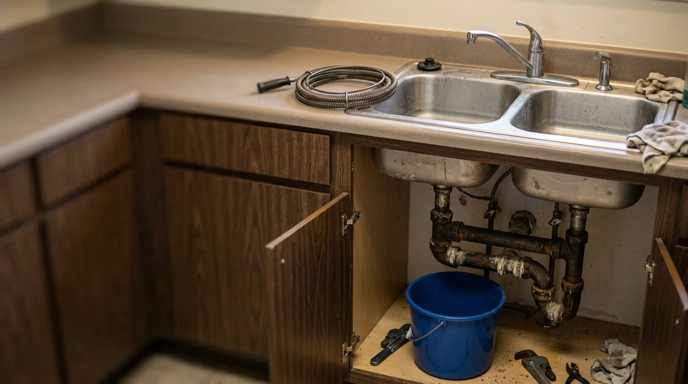 A kitchen sink in a Glendora home with clear water draining freely after a professional drain cleaning service. A plumber's tools rest on the counter beside the stainless steel basin.