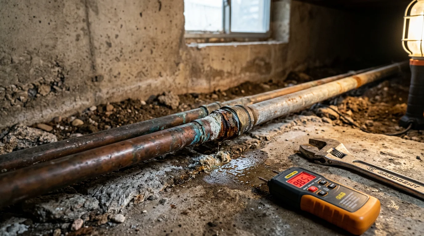 A plumber repairing a corroded leaky pipe beneath a kitchen sink in a Glendora home. The exposed supply line shows mineral buildup typical of San Gabriel Valley hard water conditions.