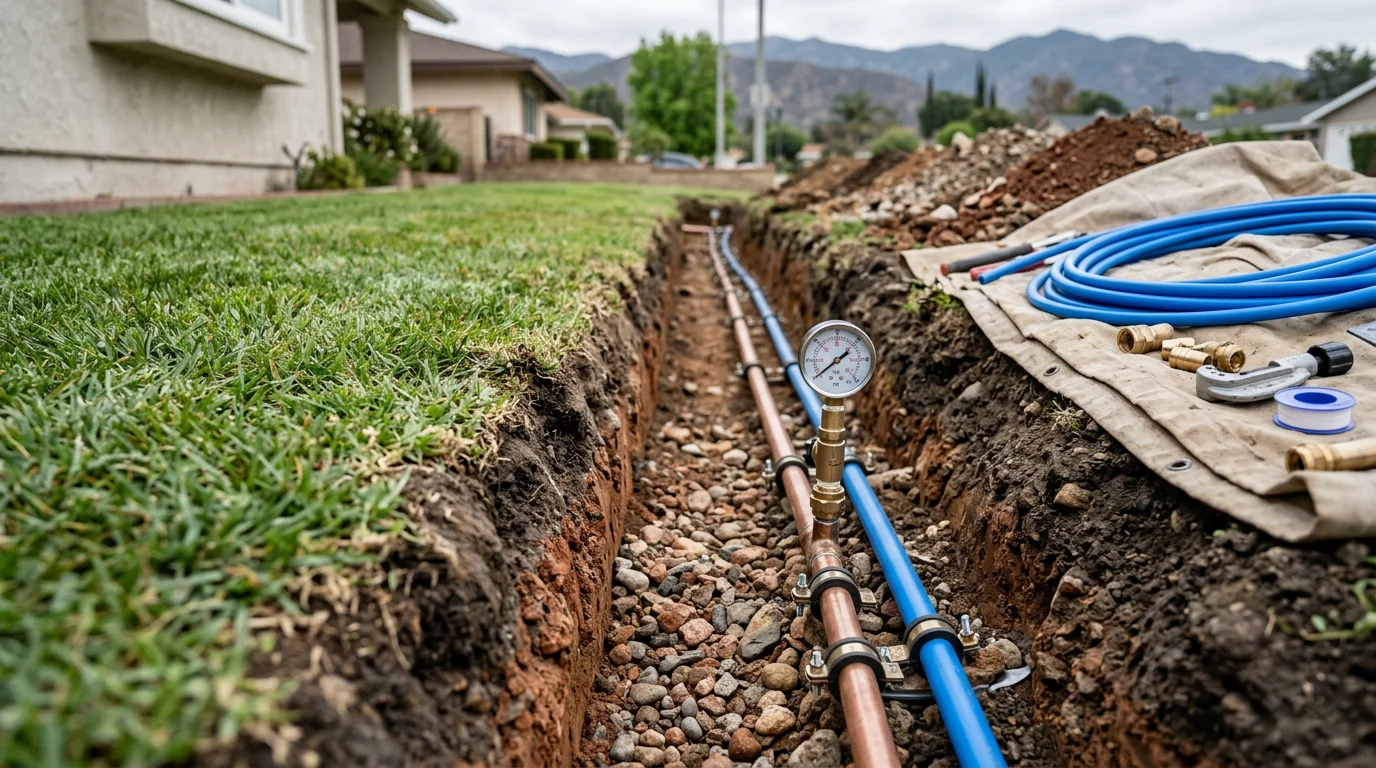 A newly installed underground water line running from the street meter to a residential home in Glendora, California, with clean trench work visible along a residential yard. A plumber inspects the connection point at the home's foundation to confirm a secure fit.
