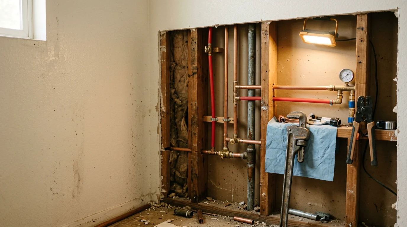 A plumber replacing corroded galvanized supply pipes beneath a mid-century home in Glendora, California. New pipe sections are laid out alongside the deteriorated originals during a whole-home repiping job.